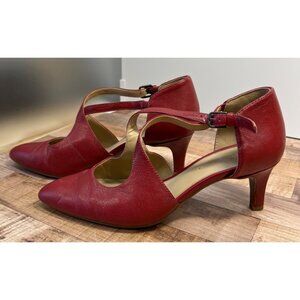 Naturalizer Red Leather Heels Women’s Size 6.5 Cross-Strap Almond Toe Pumps Comf